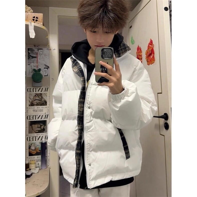 潮美式磨毛格子拼接羽绒棉服冬季加厚保暖情侣外套,男装棉衣,星座1210-1