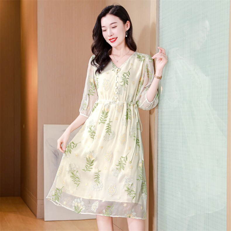 真丝连衣裙2025夏季新款大码女装衣服桑蚕丝高端精致气质碎花裙子,女装连衣裙,阿舍尔精品