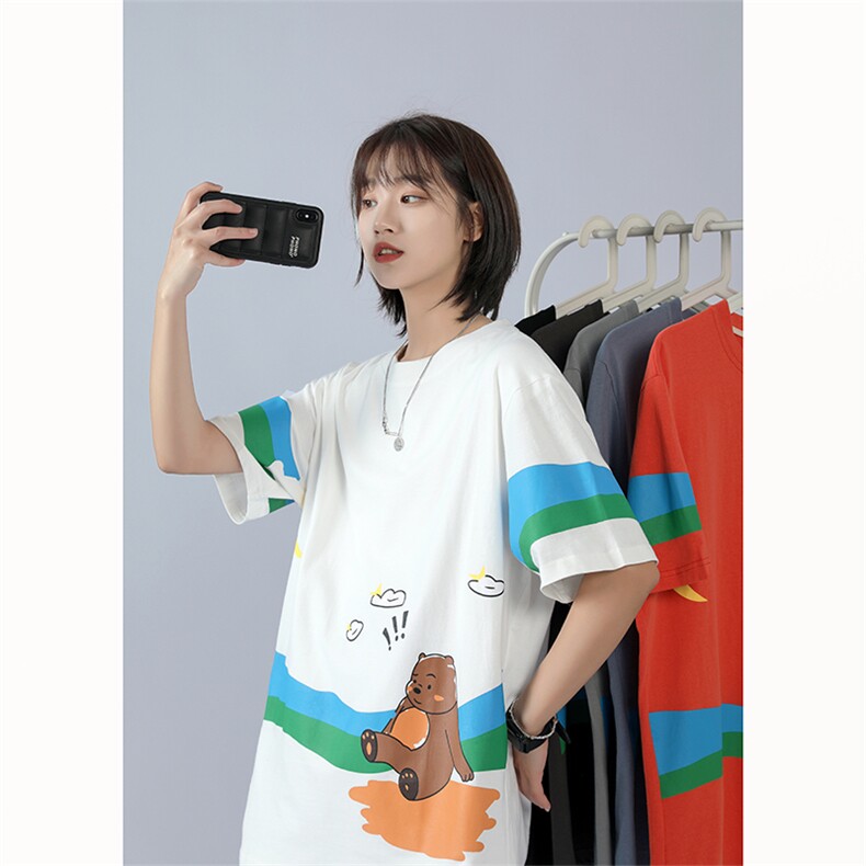 中性风小熊卡通印花短袖T恤男装大码圆领半袖纯棉体恤T133P35，男装T恤，电商A089-1