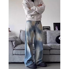 美式扎染蓝色牛仔裤男款高级感阔腿裤子宽松直U筒不贴腿微喇，男装休闲裤，星座506A