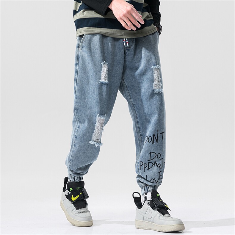 2021春季新款日系大码男破铜印花束脚九分牛仔裤潮N8106-P55,男装牛仔裤,电商A001