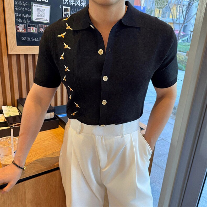 盗图小蜜蜂刺绣针织冰丝短袖开衫体恤翻领POLO衫PL134/P58，男装Polo衫，电商A243