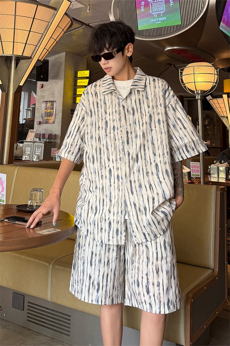 扎染短袖衬衫套装5XZ4012-TP75128港风复古休闲短裤两件套,男装衬衫,电商A102