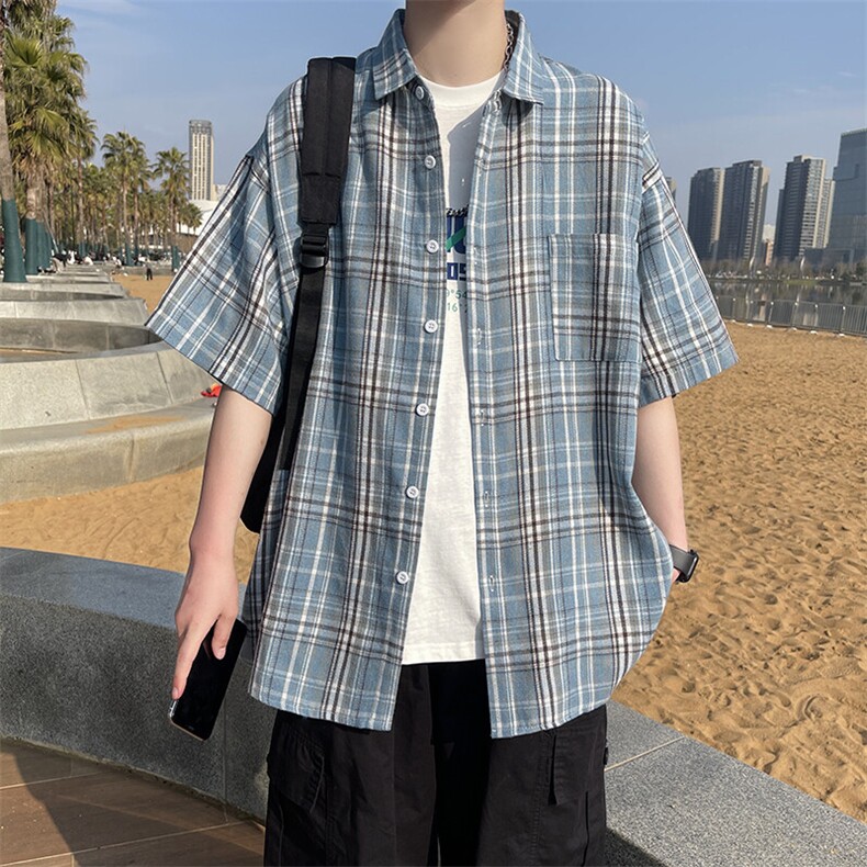 小香风格子衬衫翻领男大皂大码宽松痞帅外套格子衬衣A012/955TP26,男装衬衫,电商A012