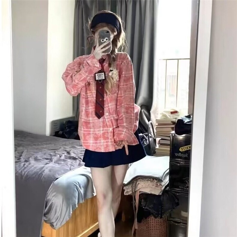 DB252-P55美式蝴蝶刺绣格子衬衫长袖男女宽松情侣衬衣-网图现货,男装衬衫,星座603-2