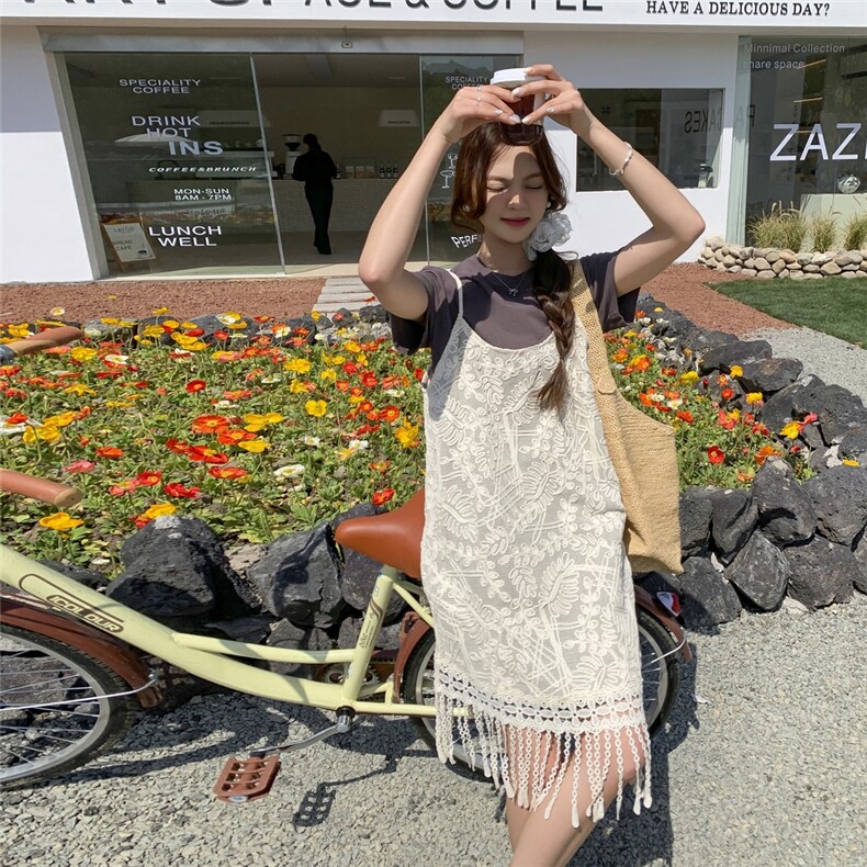 韩系休闲蕾丝刺绣流苏吊带罩衫裙小个子新款t恤两件套连衣裙女夏,女装套装/套裙,2C057