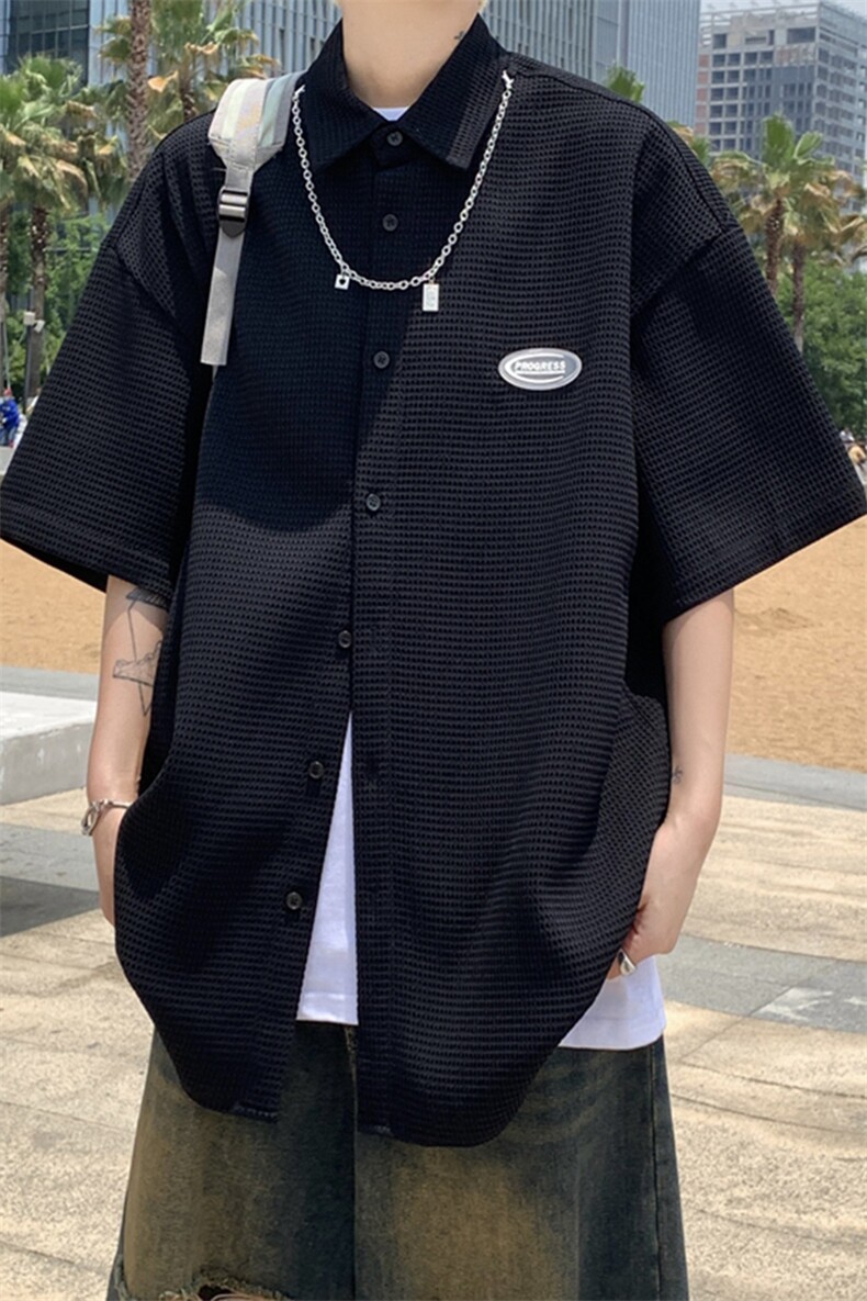 XZ213-CS091-P35控48港风大码华夫格纯色vibe简约翻领短袖衬衣,男装T恤,星座213