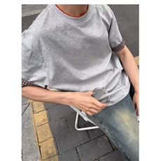 【有货】DTA200-P48浅灰色假两件短袖男夏季拼接格子翻边袖T恤，男装T恤，星座603-2
