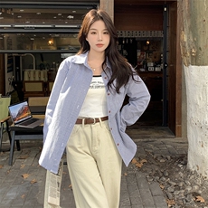 GINNKEE法式正肩蓝色条纹长袖衬衫女春法式翻领新款衬衣别致上衣，女装衬衫，慧峰