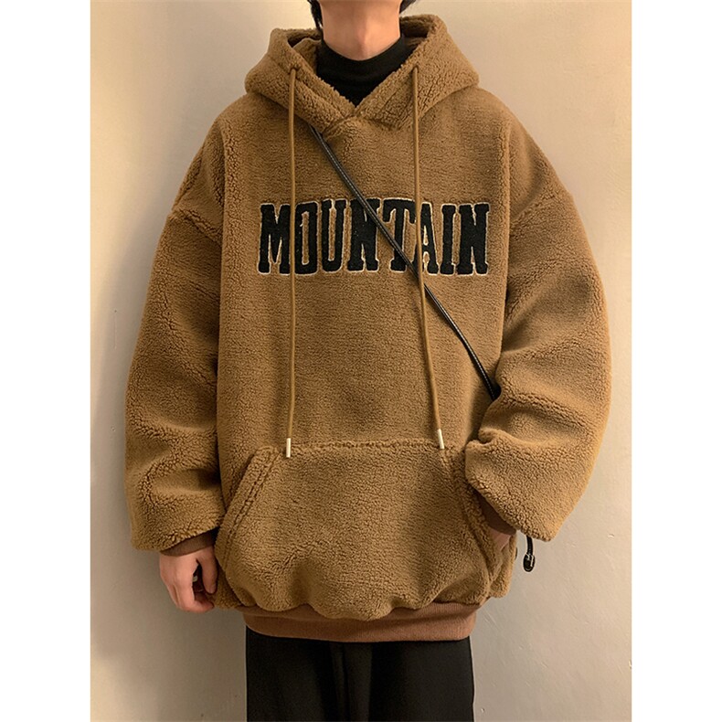 藏青色痞帅高级感男士卫衣秋冬款羊羔毛加绒加厚美式潮牌连帽外套，男装卫衣，电商B280-1（原A049）