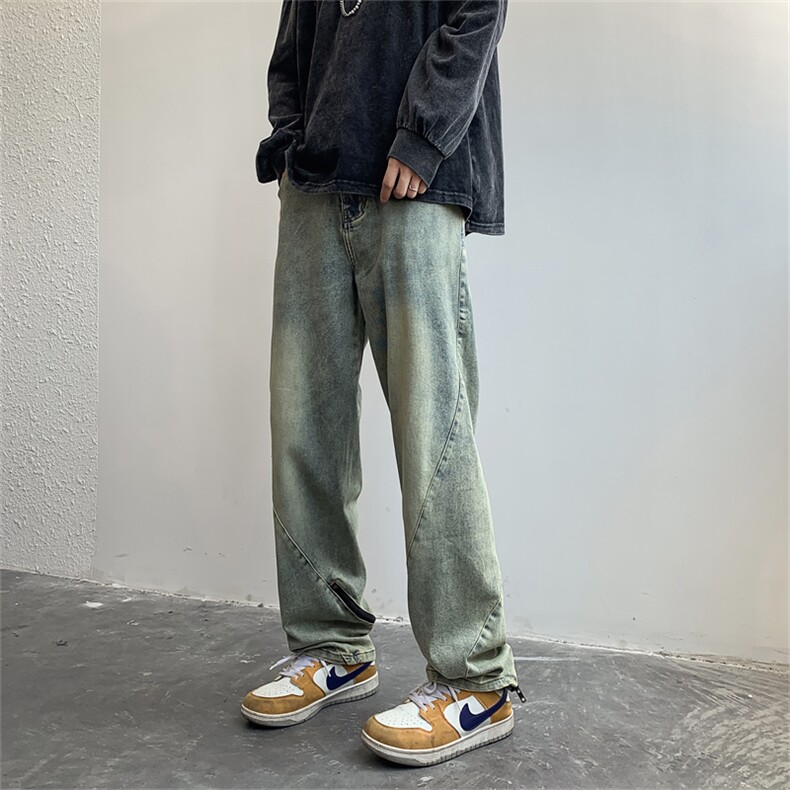 黄泥色牛仔裤男高街开衩拉链2023秋冬季新款ins宽松长裤K2389-P46,男装牛仔裤,星座412-3