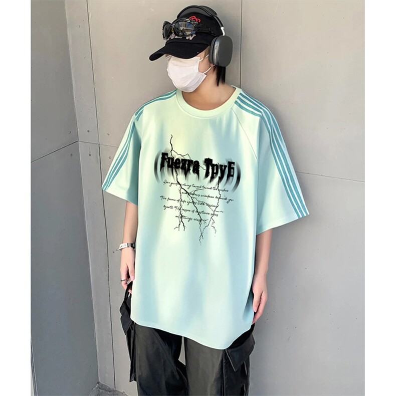 抖音得物品质二开240克宽松纯棉美式潮牌印花三条杠中性风短袖T恤,男装T恤,电商A486