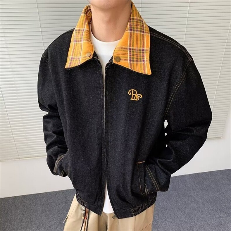 得物品质秋款男牛仔夹克衫刺绣格子领拼接宽松外套JK1041P85,男装工装外套,星座1013-1