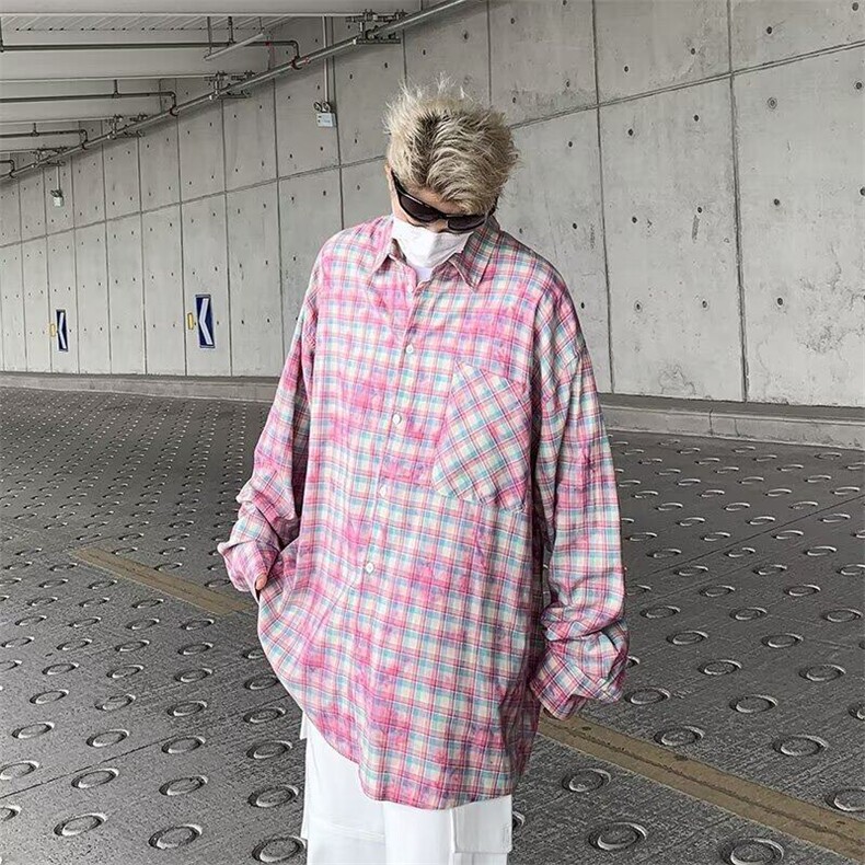美式撞色炒色工艺格子长袖衬衫男女宽松休闲百搭衬衣CY972-P39图片