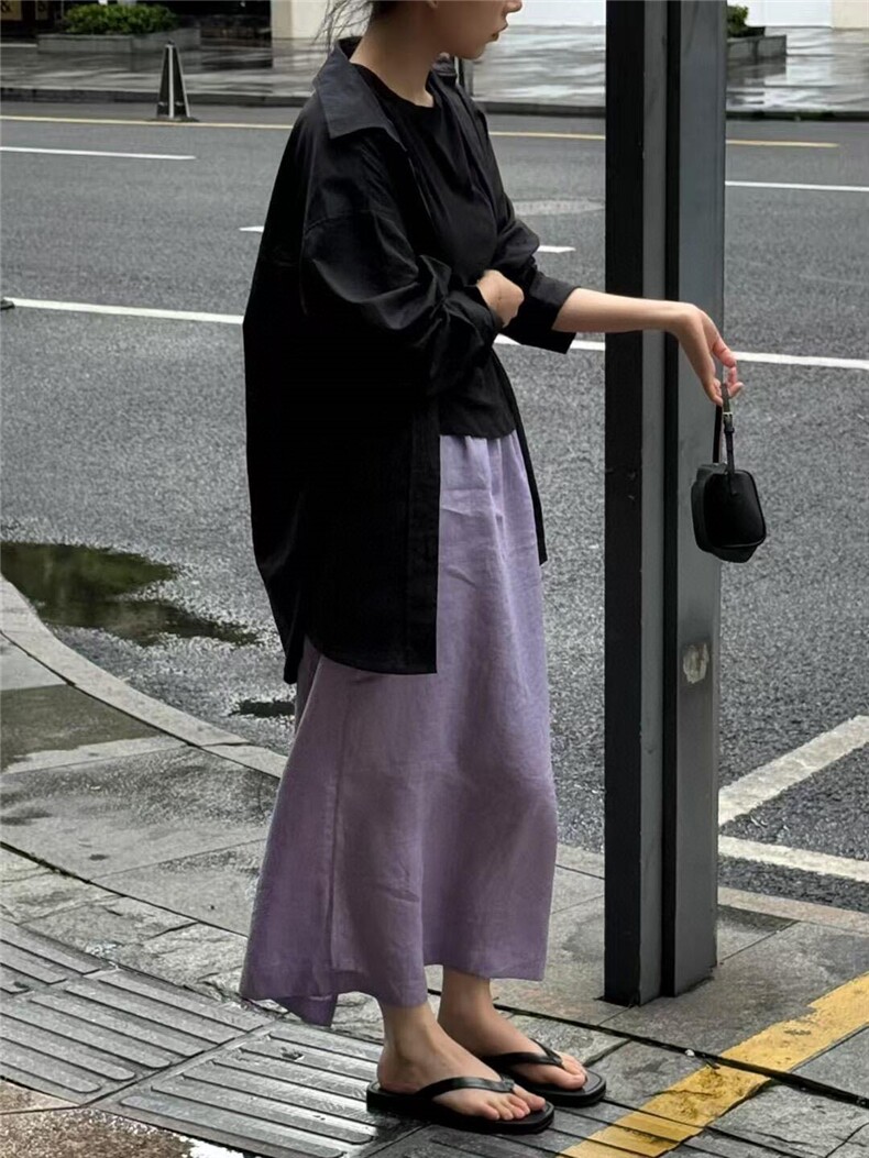2025舒适百搭简约亚麻松紧腰裤裙,女装半身裙,湘姗