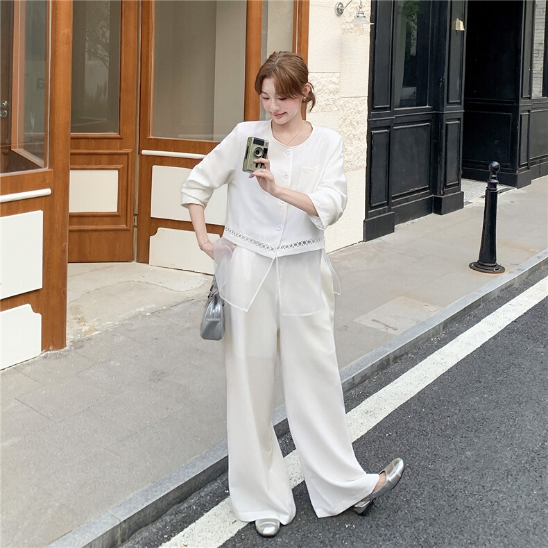 米白色高级感轻熟风假两件西装套装女2025年秋季新款阔腿裤两件套,女装套装/套裙,2D078