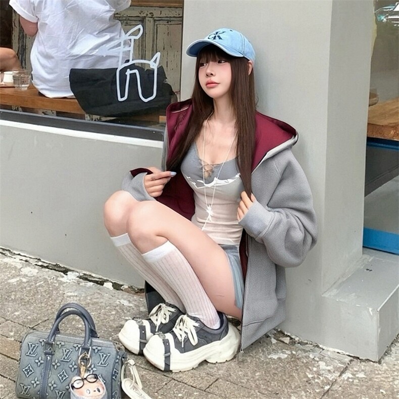 抖音得物高品质秋冬美式高街重磅结构双层双面连帽卫衣外套XS107，女装短外套，电商A486-1