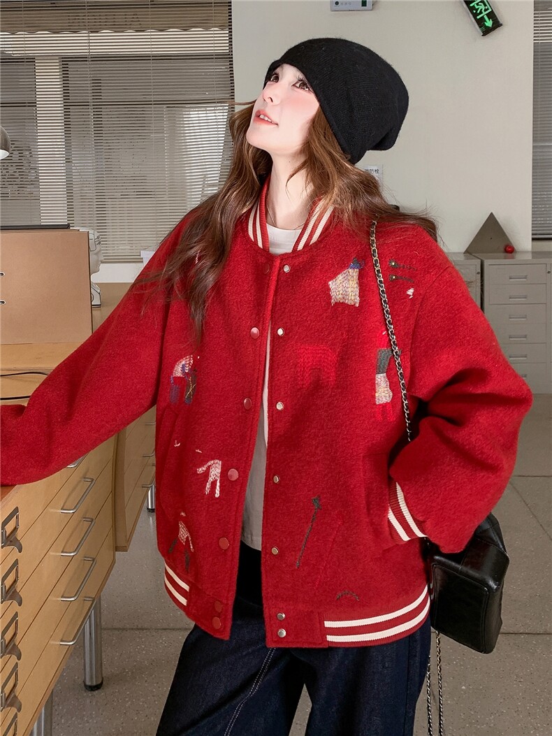 2025红色休闲韩系条纹棒球服外套女毛绒绒冬季羽绒服保暖上衣新款,女装羽绒服,艾米莉亚