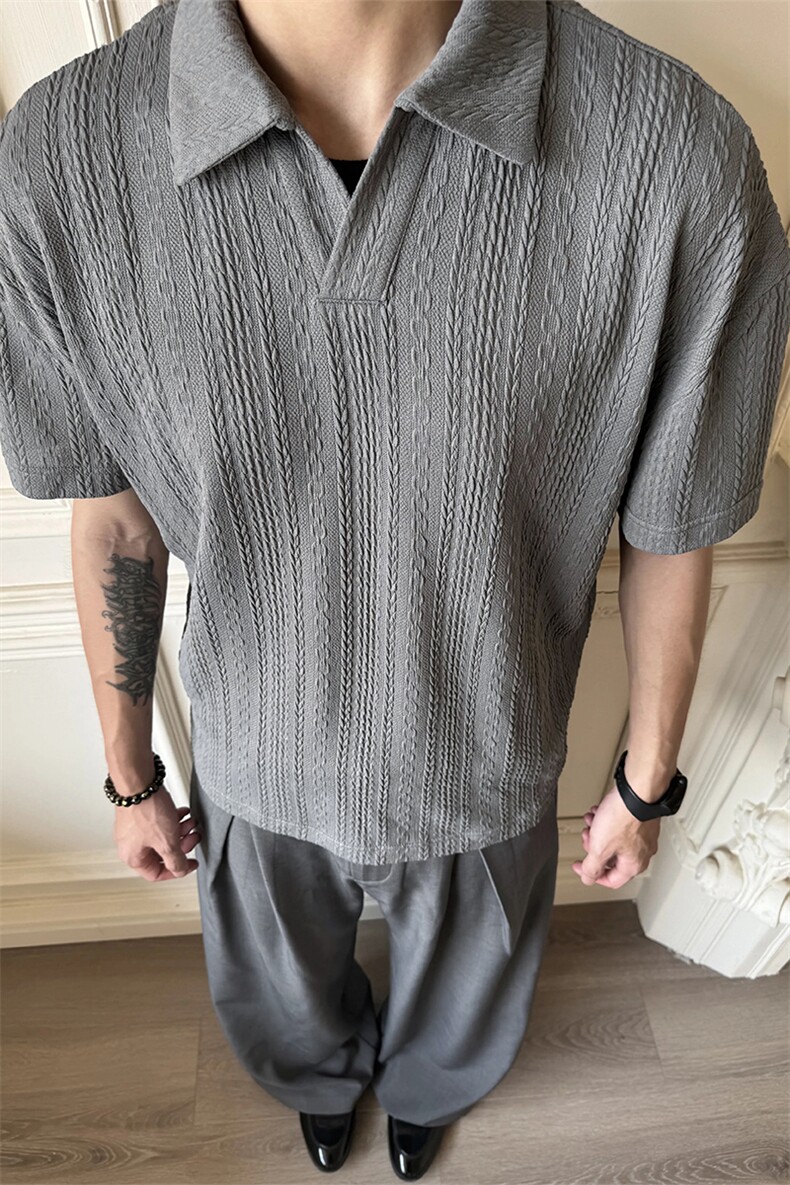[网图]肌理感麻花条纹短袖polo衫V领夏美式T恤X61407-TP2549,男装T恤,电商A102