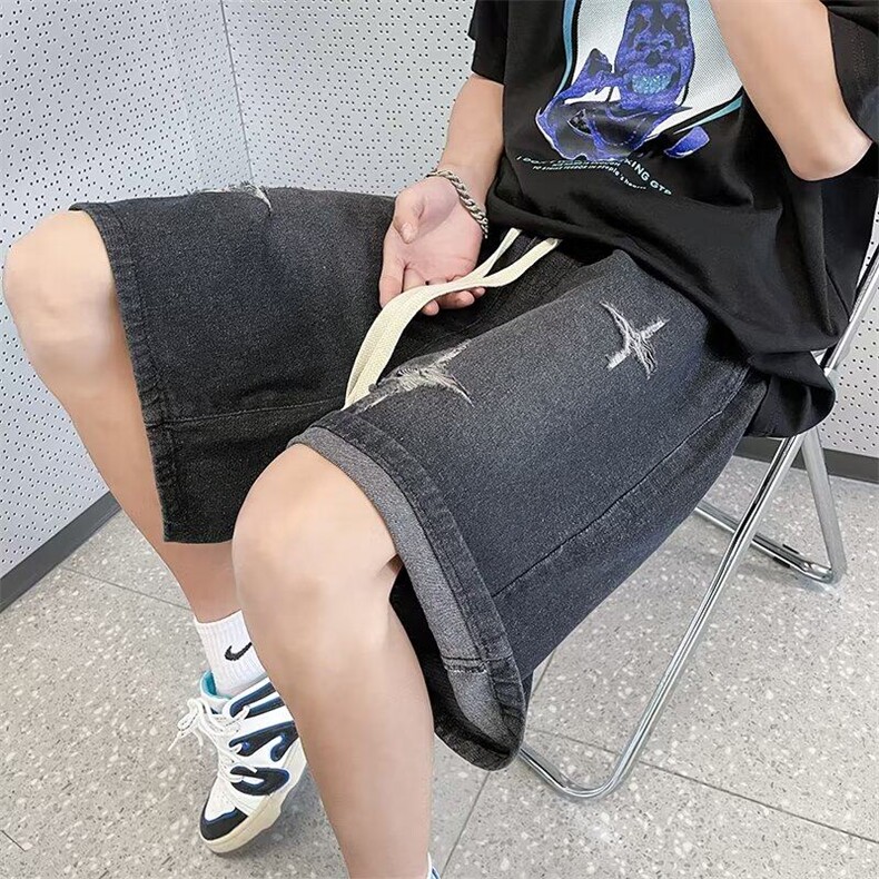 夏季薄款破洞牛仔短裤男潮牌直筒宽松潮流百搭港风青少年五分裤子,男装牛仔裤,星座410-7