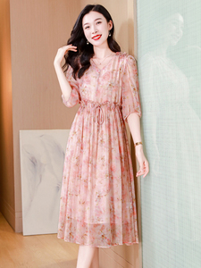 真丝连衣裙2025夏季新款大码女装衣服桑蚕丝高端精致气质碎花裙子图片