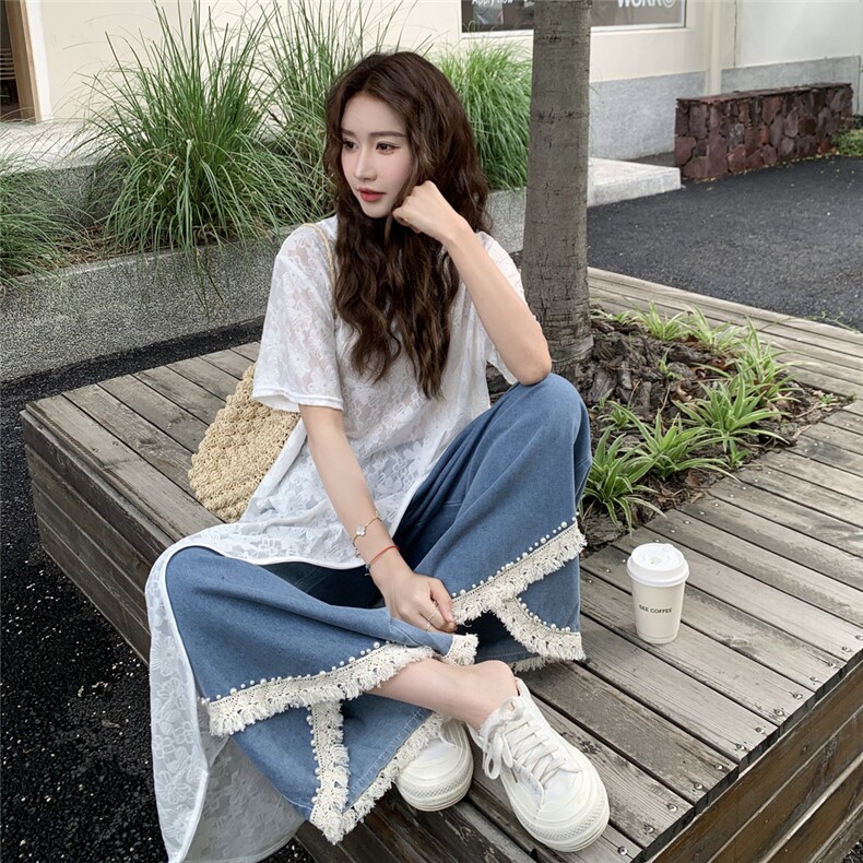提花蕾丝短袖T恤阔腿裤两件套女夏季2025新款时尚气质不规则上衣,女装套装/套裙,2C232