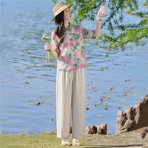 2026年夏季休闲时尚翻领印花上衣衬衫裤子套装两件套女图片