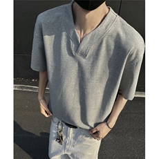 240克索罗娜亨利领夏季男士设计感短袖V领T恤宽松韩版上衣P28，男装T恤，电商C306-1