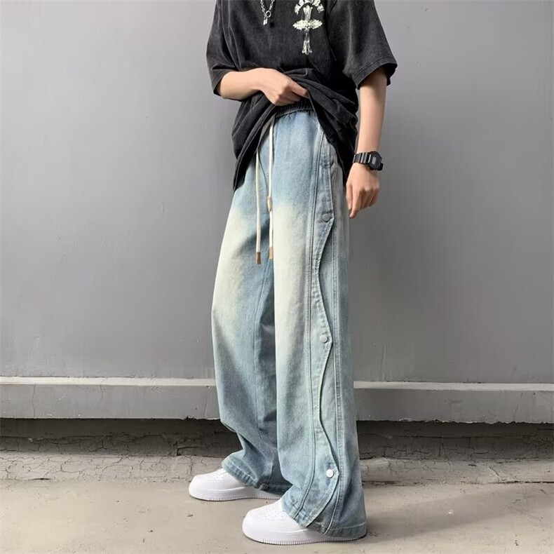工装裤牛仔裤男宽松阔腿腿美式高街潮牌拼接痞帅1001-1-G785-p48图片