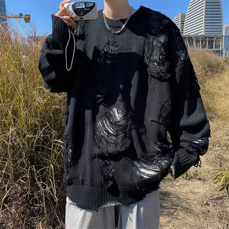 美式破洞假两件毛衣男宽松百搭oversize长袖上衣针织衫Y9221-p58,男装针织衫/毛衣,星座1008