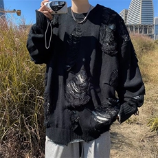 美式破洞假两件毛衣男宽松百搭oversize长袖上衣针织衫Y9221-p58，男装针织衫/毛衣，星座1008