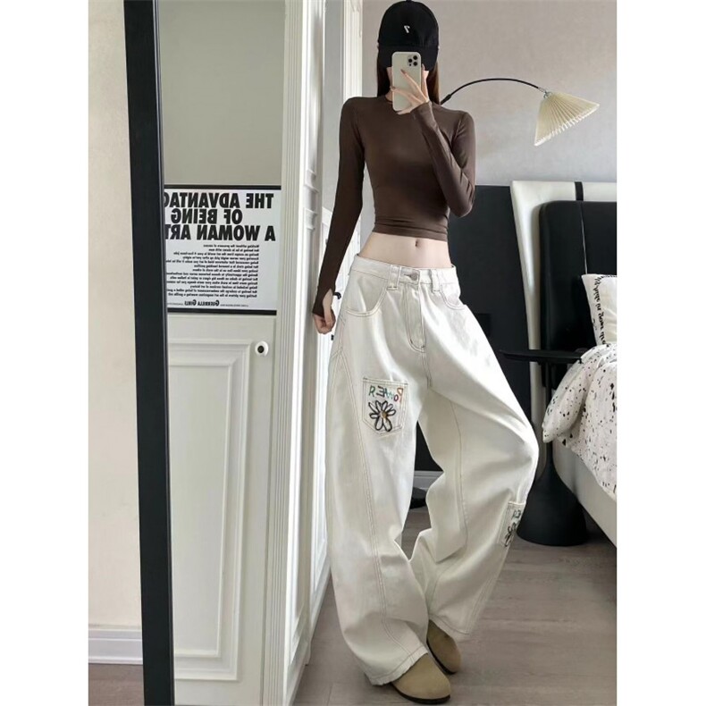 白色刺绣阔腿喇叭牛仔裤女士2025秋季新款宽松弹力不贴腿拖地裤子,男装牛仔裤,星座506A
