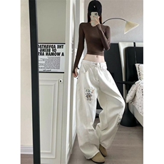 白色刺绣阔腿喇叭牛仔裤女士2025秋季新款宽松弹力不贴腿拖地裤子，男装牛仔裤，星座506A