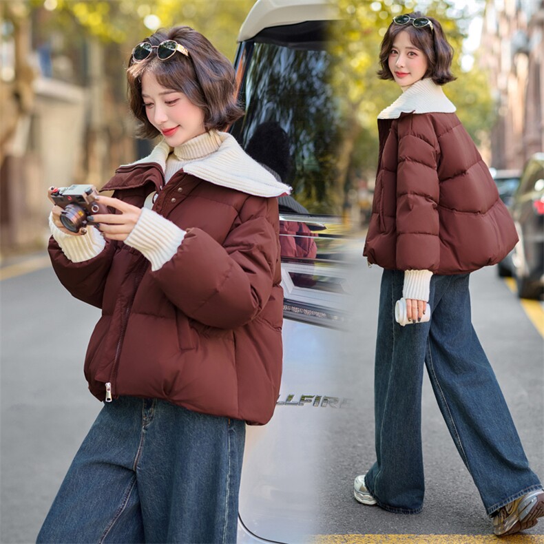 针织大翻领短款羽绒服女2024冬季新款小个子超好看白鸭绒保暖外套,女装羽绒服,雅静靓衣