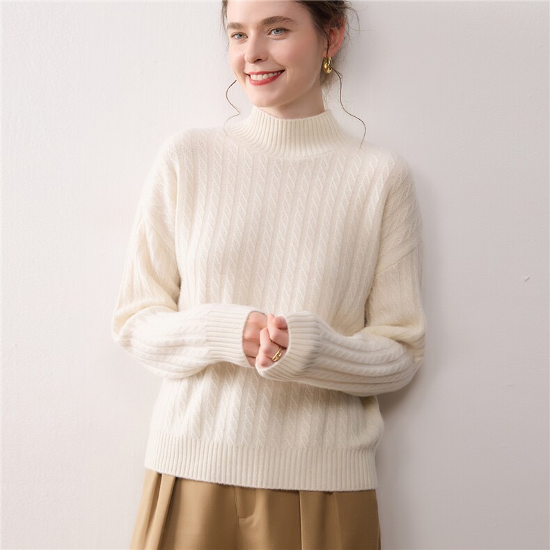 新款秋冬软糯慵懒纯山羊绒衫女半高领针织衫宽松百搭毛衣套头加厚，女装针织衫/毛衣，暖绒情旗舰店