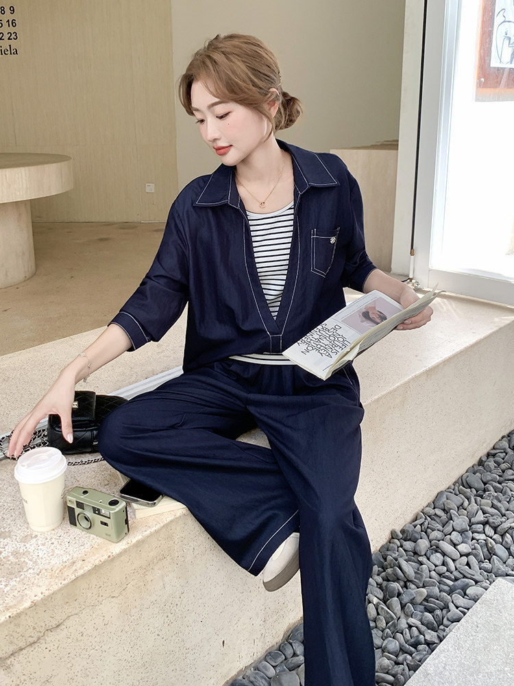 韩剧藏青色休闲衬衫运动套装女秋2025新款条纹吊带ootd穿搭三件套,女装套装/套裙,浙宝192（原082）