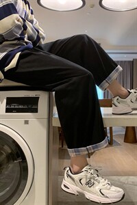 现货 1405-1-ZY001-P45 春季翻边格子休闲裤 男女中性风九分裤图片