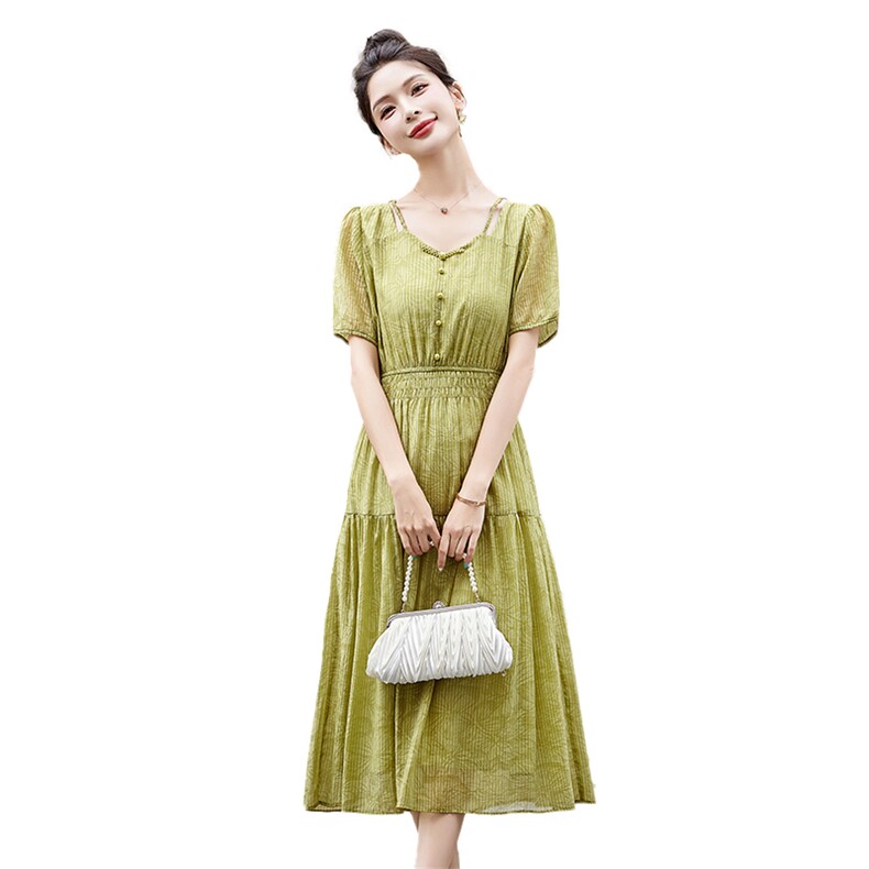 时尚气质优雅短袖连衣裙女2025夏季新款收腰显瘦休闲长裙,女装连衣裙,曼琳思菲