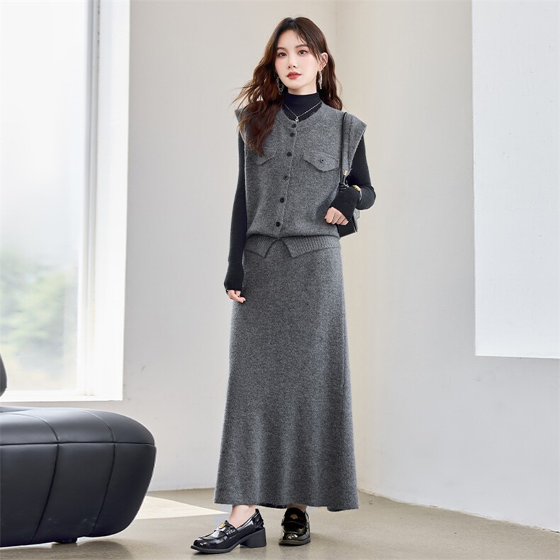 现货！秋季新款洋气时尚百搭通勤款圆领显瘦单排扣三件套裙女,女装套装/套裙,宝儿家