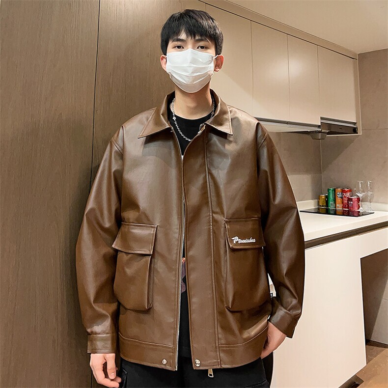 机车皮衣男春季翻领夹克工装刺绣外套潮流情侣款A266-PY007-P85,男装皮衣,电商A266
