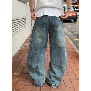 美式复古豹纹拼接弯刀裤情侣街头阔腿休闲长裤牛仔裤图片