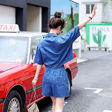 牛仔套装女夏季薄款2024年新款洋气时尚小个子高腰显瘦短裤两件套，女装套装/套裙，瑶迪依秀