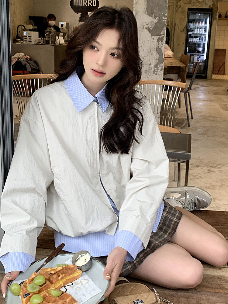 假两件条纹翻领拼接白色外套女春季2025新款韩版百搭工装夹克上衣,女装短外套,辉之琳