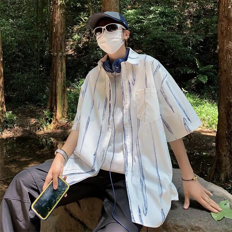 夏季新款条纹短袖衬衫男潮休闲外套流行街头开衫衬衣CS108-P30图片