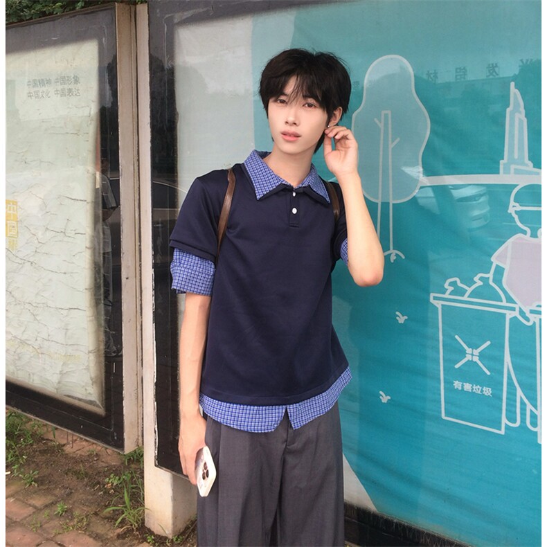 得物抖音高品质二开夏季美式潮牌高街假两件格子衬衣翻领短袖T恤,男装T恤,电商A486