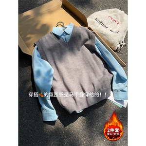 [两件套]v领马甲+衬衫叠穿内搭针织学院风上衣QZ53077-TP6098图片