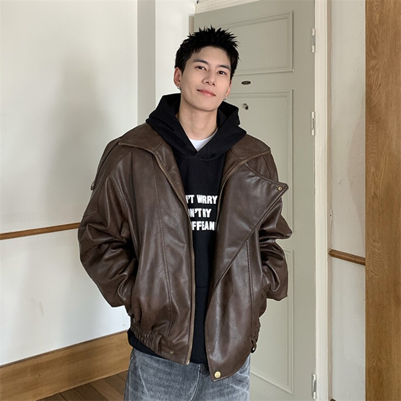 网图翻领皮衣外套街头PU夹棉皮夹克A025-QY19152-P80加绒P95,男装夹克,电商A025