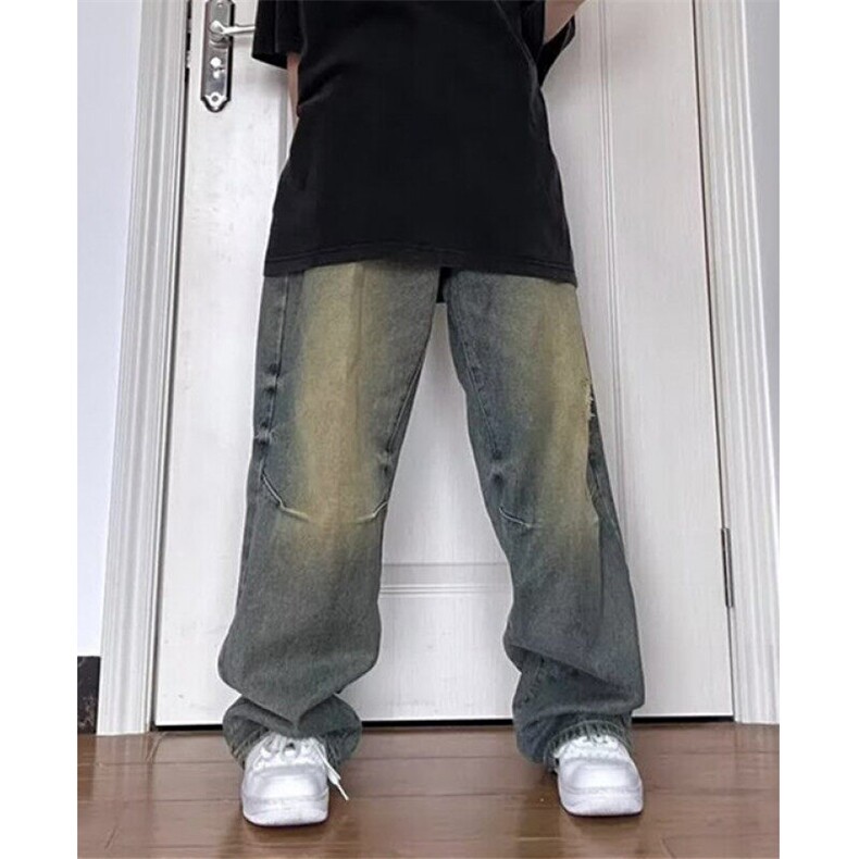 复古水洗做旧平腰款蓝色牛仔裤韩版潮牌阔腿裤弯刀裤N9108,男装牛仔裤,星座1116A（原606A-3）
