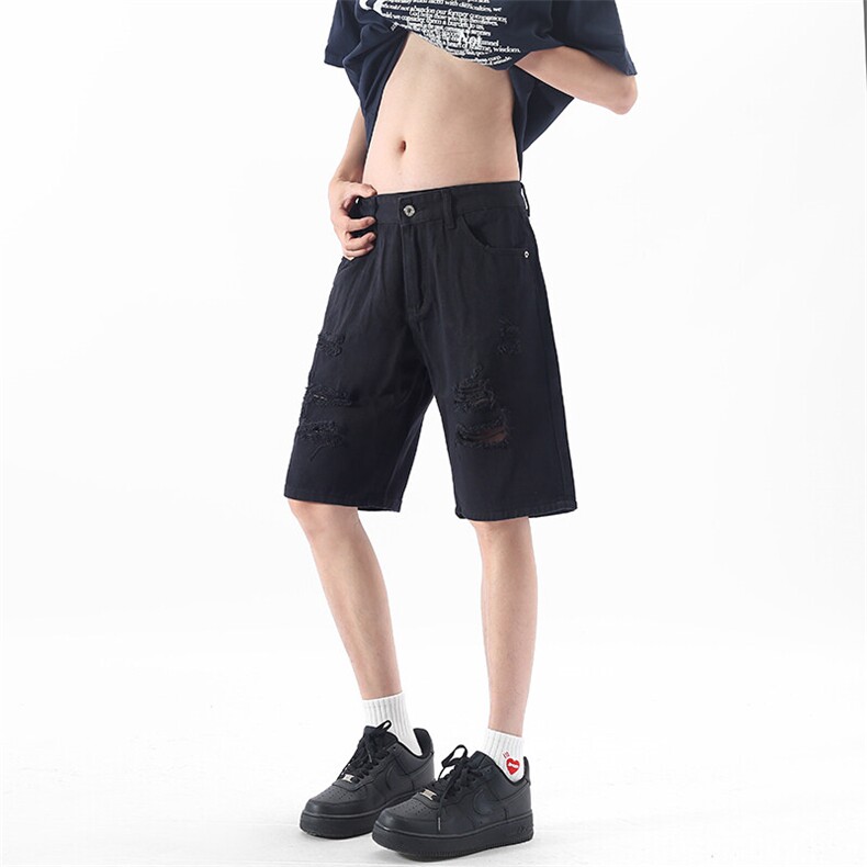 破洞工装牛仔短裤男夏季薄款潮牌美式水洗中裤宽松直筒外穿五分裤,男装牛仔裤,星座302A-2