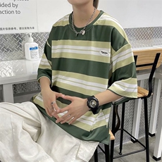 条纹短袖t恤男夏新款港风百搭半袖日系宽松圆领五分袖T699-P20，男装T恤，星座512-4